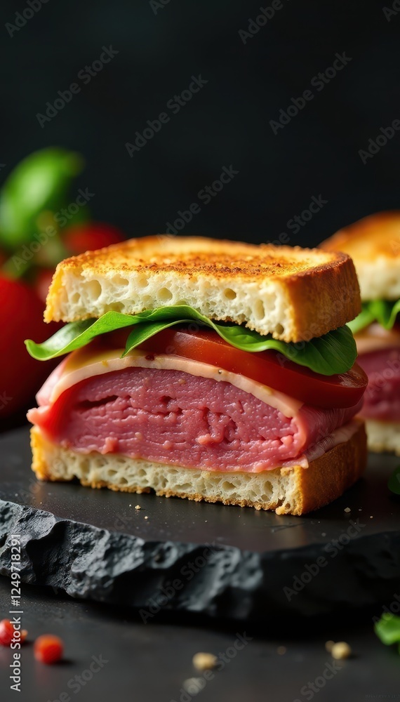Richly flavored Reuben filling nestled between slices of crispy rye bread on a rich black pate surface , corned beef, melted cheese Richly flavored Reuben filling nestled between slices of crispy rye bread on a rich black pate surface , corned beef, melted cheese