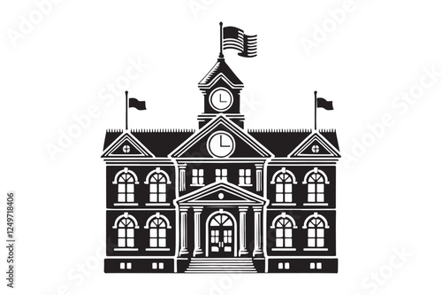 School building with clock and flag flat icon