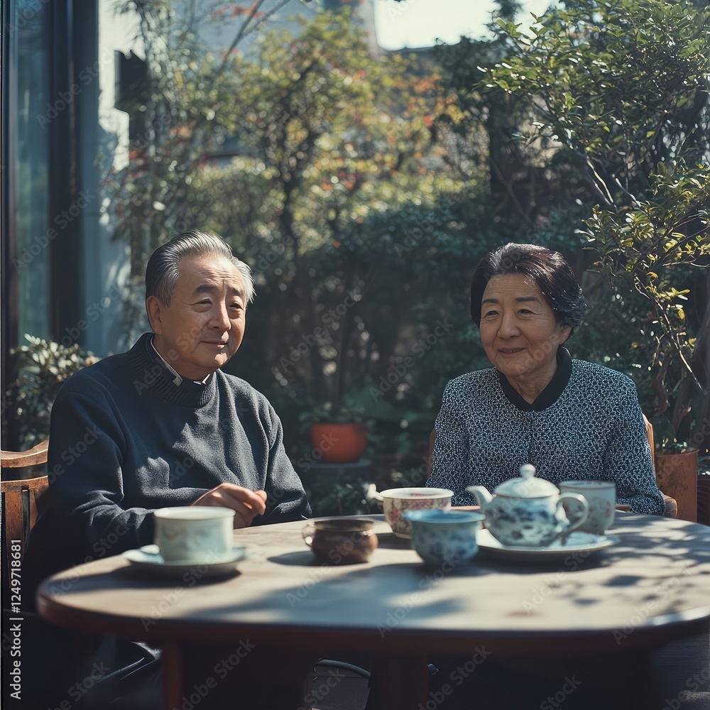 Two elderly people are sitting at a table with cups and a teapot Two elderly people are sitting at a table with cups and a teapot