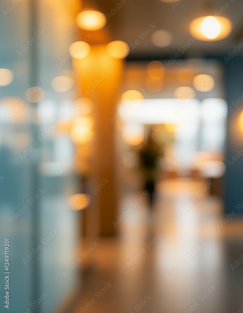 Blurred Office Interior with Lights and Person Walking in Background Blurred Office Interior with Lights and Person Walking in Background