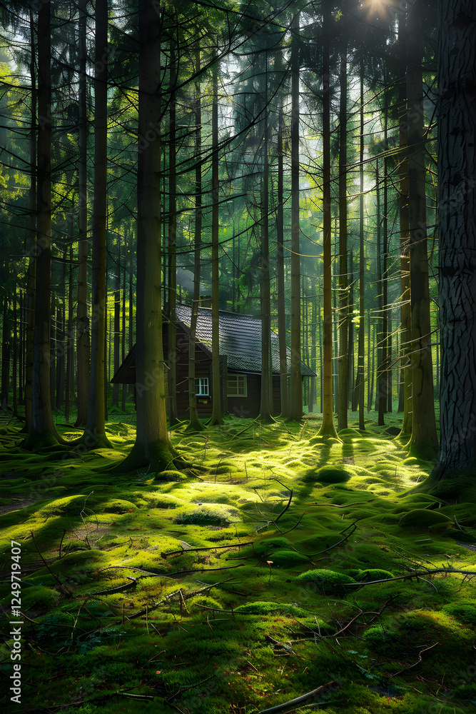 Fototapeta premium Serene Pine Forest with Sunlit Canopy and Secluded Wooden Cabin