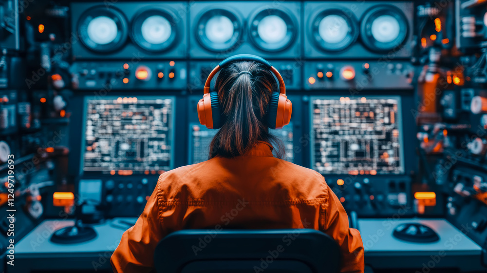 Obraz premium Control Room Operator at Work: Monitoring Complex Systems