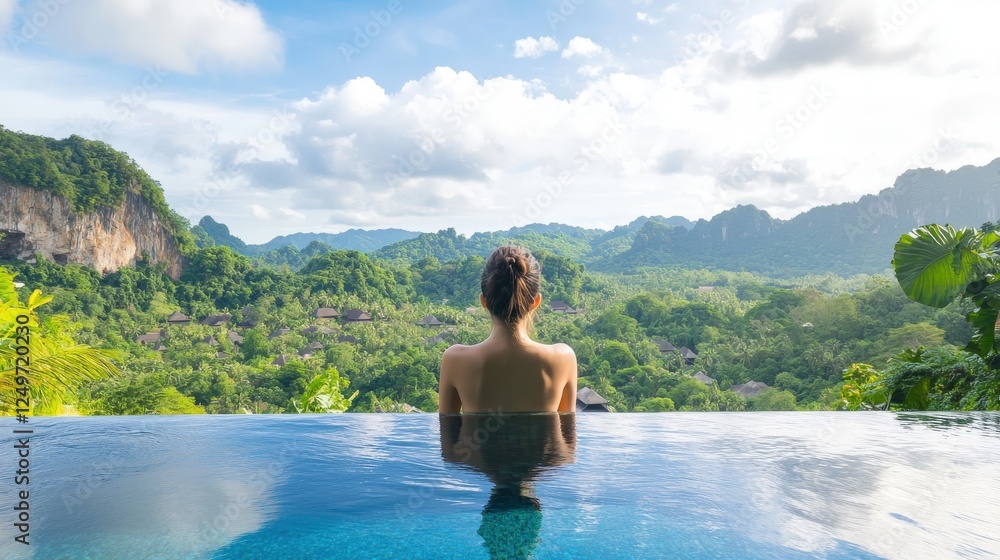 Woman relaxes in infinity pool overlooking lush green mountains Woman relaxes in infinity pool overlooking lush green mountains