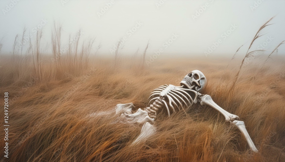 Fototapeta premium 불길한 안개가 자욱한 들판 한가운데, 반쯤 묻힌 채로 남아 있는 해골