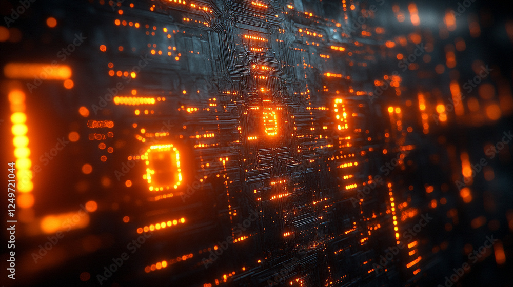 A futuristic cyberpunk wall with intricate metal panels and glowing neon circuits, symbolizing advanced technology and chaos, against a blurred bright-toned background with space for text A futuristic cyberpunk wall with intricate metal panels and glowing neon circuits, symbolizing advanced technology and chaos, against a blurred bright-toned background with space for text