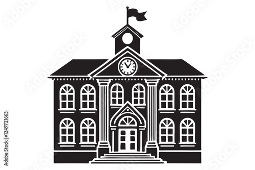 School building with clock and flag flat icon