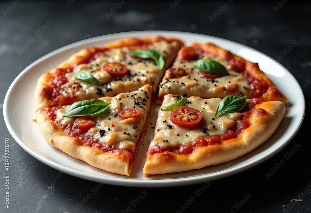 Tuna pizza on a white plate on slate slate-black background Tuna pizza on a white plate on slate slate-black background