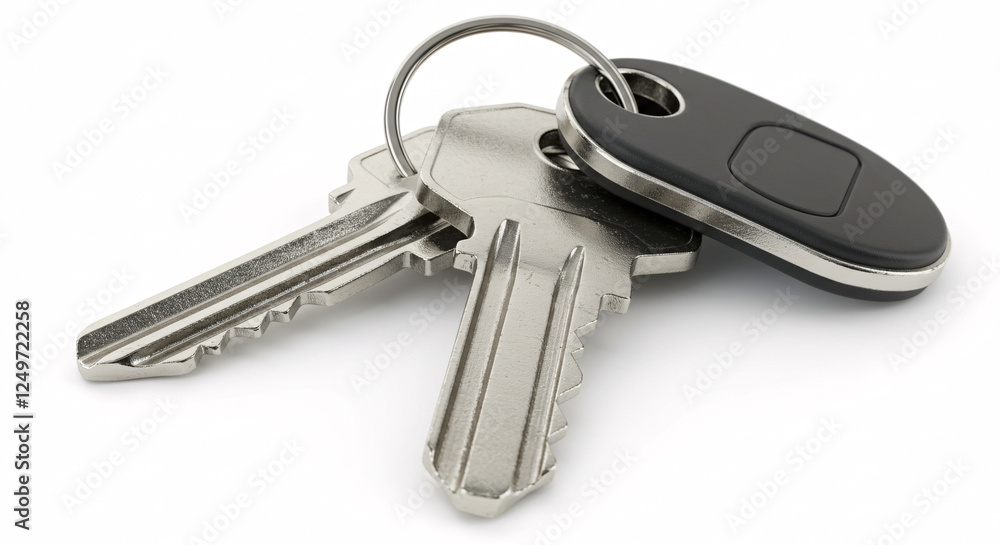 Two keys and a black key fob on white background.

