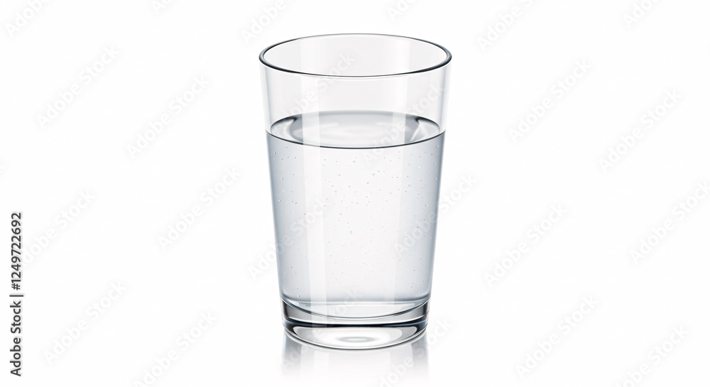 Drinking glass with water on reflective surface, white background.
Drinking glass with water on reflective surface, white background.