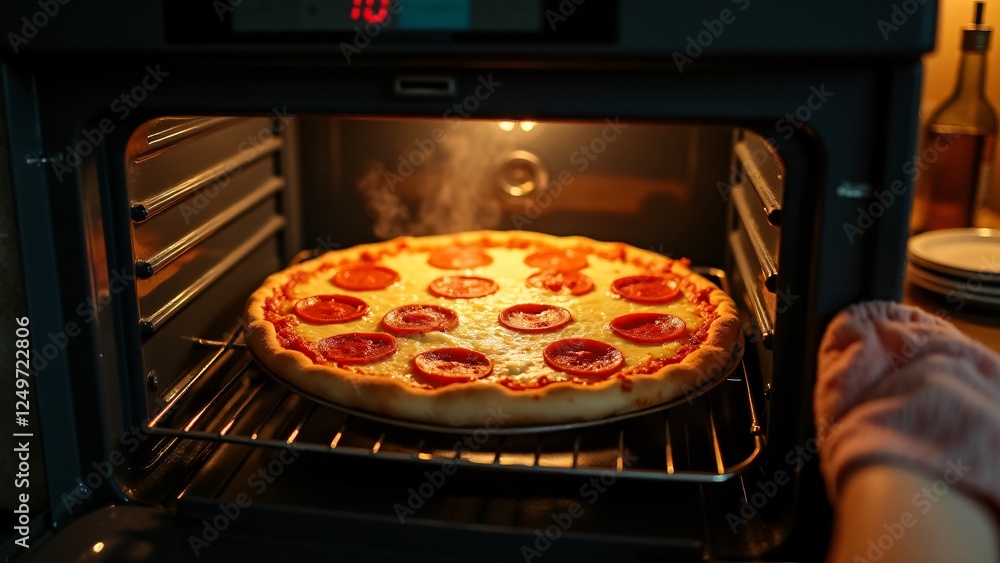 A frozen pizza in the oven, cheese melting and crust crisping. Pepperoni glistens, steam rises, and the oven light enhances the golden, bubbling appearance. A frozen pizza in the oven, cheese melting and crust crisping. Pepperoni glistens, steam rises, and the oven light enhances the golden, bubbling appearance.