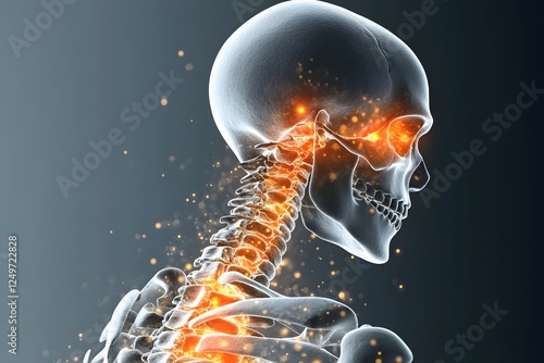 Glowing Inferno Within the Cervical Spine – Surreal Anatomical Depiction of Burning Pain and Neural Inflammation in a Hyper-Realistic Skeletal Rendering photo