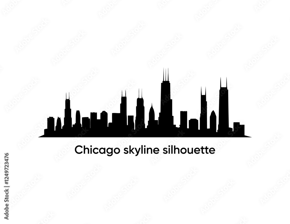 Naklejka premium Chicago city skyline silhouette. Black and white silhouette of Chicago city, USA. buildings and landmarks Vector
