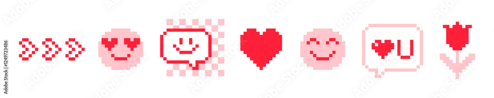 Happy valentine day pattern in pixel art. Naive romantic vector game elements, geometric shapes. I love U, heart, smiling face, in love, speech bubble. Y2k cute pixels design for sticker, icon, poster Happy valentine day pattern in pixel art. Naive romantic vector game elements, geometric shapes. I love U, heart, smiling face, in love, speech bubble. Y2k cute pixels design for sticker, icon, poster