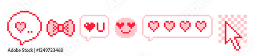 Pixel art pattern with hearts, bow, smiling face, in love emoji, I love U speech bubble. Romantic vector game elements and geometric shapes. Y2k cute pixels design for sticker, icon, poster, label