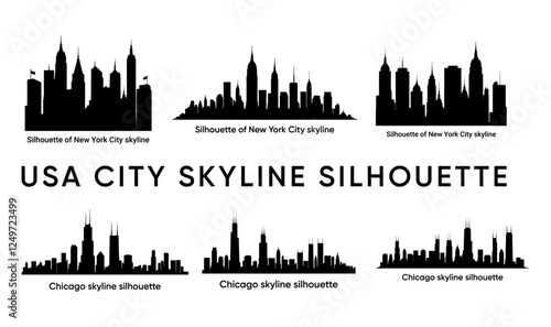 USA ALL City skyline Set silhouette with famous buildings and landmarks in black and white Background