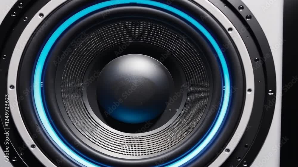 Close-up of a high-fidelity speaker with a vibrant blue light emitting from its edge Close-up of a high-fidelity speaker with a vibrant blue light emitting from its edge