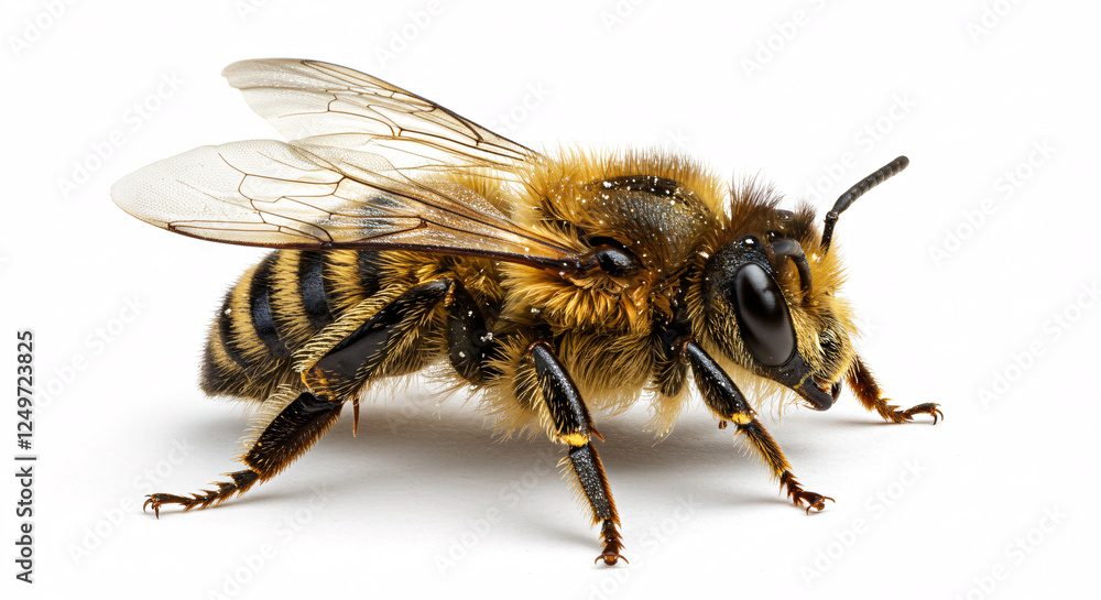 Close-up of a bee with black and yellow stripes on a flower petal, isolated on white background