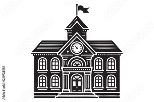 School building with clock and flag flat icon