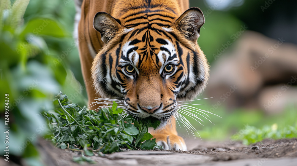 Fototapeta premium Close-Up of a Red Tigerâs Eyes: Capturing the Intensity and Beauty of Nature red tiger, tiger eyes, macro photography, wild animal, fierce gaze, nature, predator, detailed photo, h
