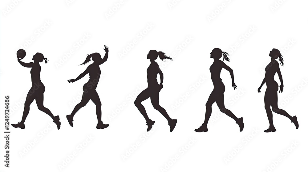 Silhouettes of a woman in motion, showcasing various athletic poses, ideal for sports illustrations Silhouettes of a woman in motion, showcasing various athletic poses, ideal for sports illustrations