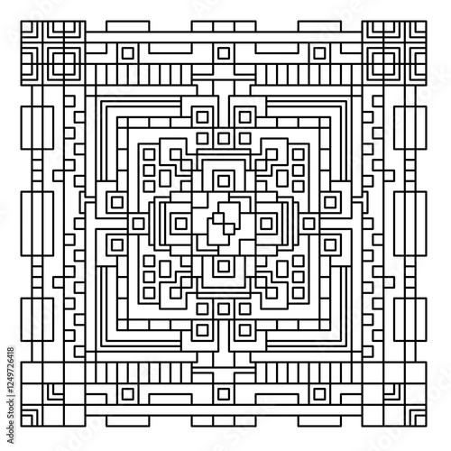 Highly detailed, symmetrical geometric maze pattern with interconnected squares and lines, perfect for coloring, digital art, or design inspiration