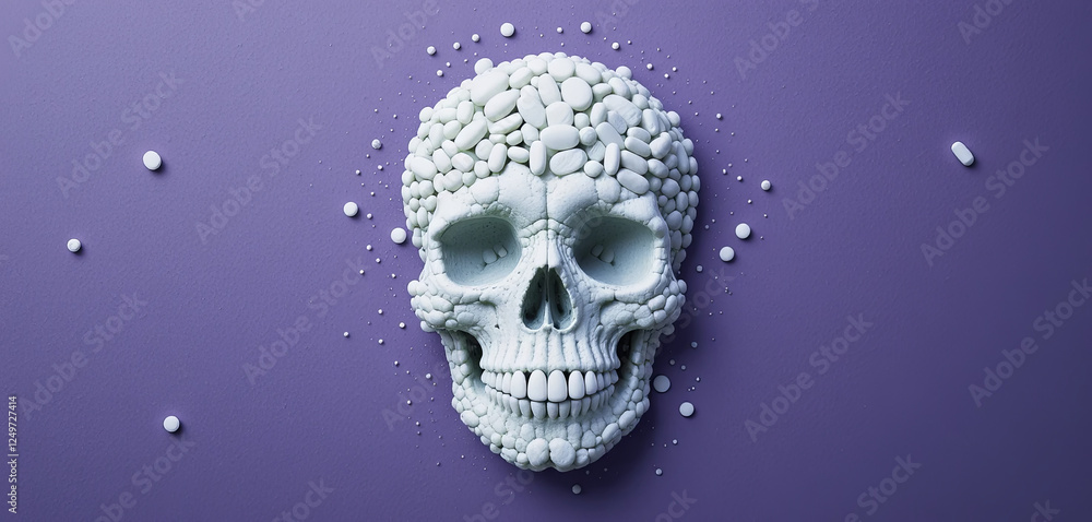 A striking skull sculpture is crafted from an array of small white pills, adorned on a vibrant purple backdrop. This artwork highlights themes of health and mortality A striking skull sculpture is crafted from an array of small white pills, adorned on a vibrant purple backdrop. This artwork highlights themes of health and mortality