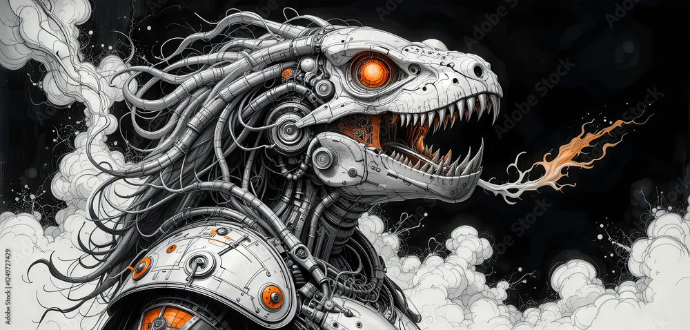 A detailed representation of a mechanical dinosaur with glowing eyes and intricate metal designs. Wisps of smoke surround the creature, enhancing its fierce appearance A detailed representation of a mechanical dinosaur with glowing eyes and intricate metal designs. Wisps of smoke surround the creature, enhancing its fierce appearance