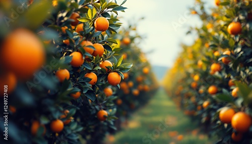 Orange Orchard with Ripe Fruit Hanging on Trees in Sunny Grove