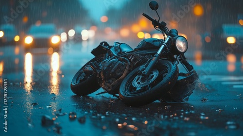 Motorcycle lies on wet pavement during rainstorm in urban setting