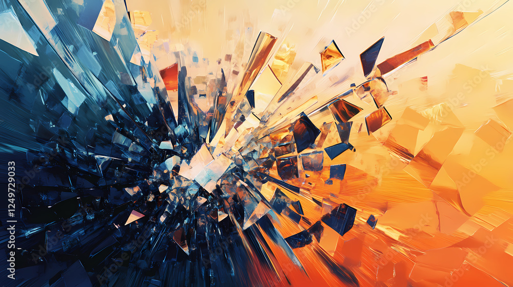 Naklejka premium A shattered mirror reflects fragmented light, creating a mosaic of sharp edges and obscured reflections. Shattered Reflections. Illustration