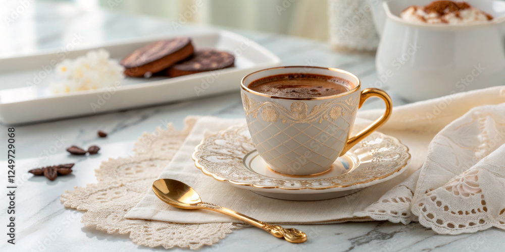 Fototapeta premium Elegant Cup Of Hot Chocolate On A Decorative Table Setting, Soft Natural Light, Luxurious Gold Accents, Cozy And Indulgent Atmosphere, Gourmet Beverage, Relaxation Concept, Copy Space.
