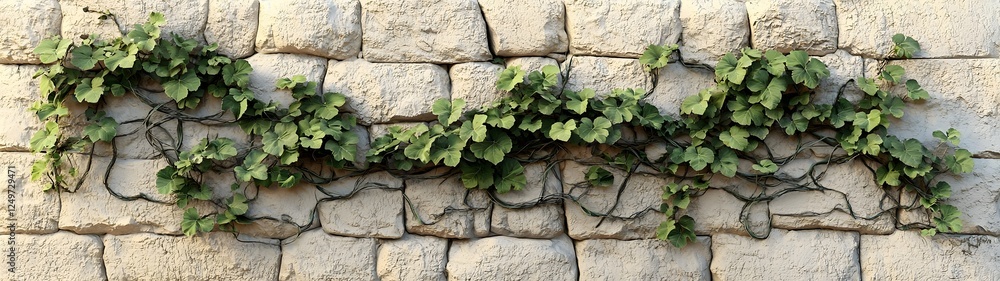 A lush green vine gracefully intertwines over a rustic stone wall, showcasing the beauty of nature's resilience in a harmonious blend of textures and colors.
