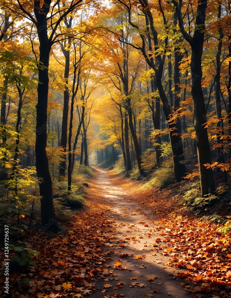 Obraz premium Walking Path Through Autumn Forest with Golden Leaves and Sunlight