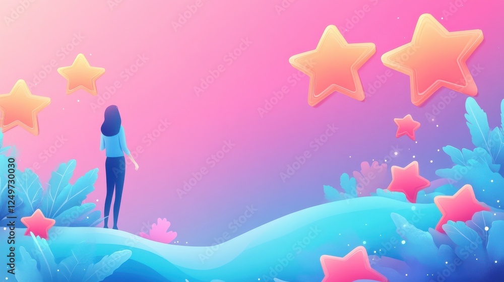 Marketer measuring customer satisfaction and rating stars. Satisfaction and loyalty analysis, customer retention increasing, marketing tools concept. Pink coral blue vector isolated illustration Marketer measuring customer satisfaction and rating stars. Satisfaction and loyalty analysis, customer retention increasing, marketing tools concept. Pink coral blue vector isolated illustration