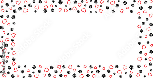 Rectangular frame with pet paw prints and bone and red heart with blank space for text. Silhouette border of dog or cat paw prints Pet paw prints frame for decorating shop windows, websites. Vector