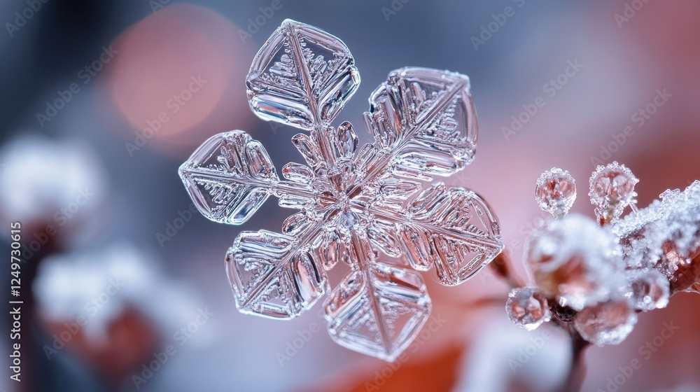 Intricate snowflake on winter branch, bokeh background; holiday card Intricate snowflake on winter branch, bokeh background; holiday card