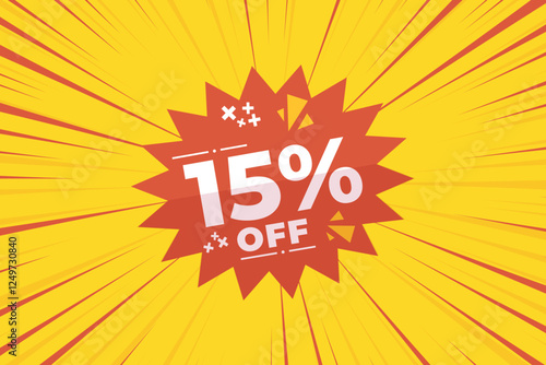 15% off sale banner vector with red and yellow sunburst background and white text. Perfect for flash sale, special offers, big sale, e-commerce, online promotions and discount advertising.