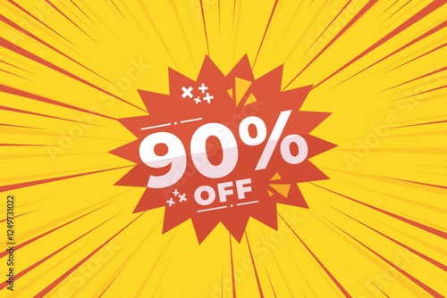 90% off sale banner vector with red and yellow sunburst background and white text. Perfect for flash sale, special offers, big sale, e-commerce, online promotions and discount advertising.