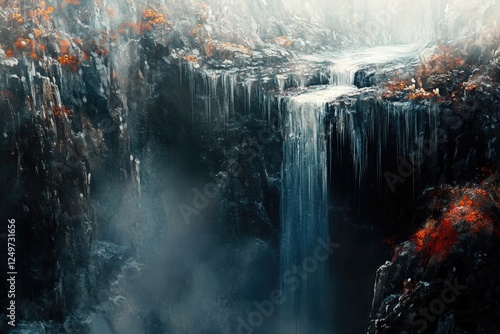 A mystical frozen waterfall cascades down dark, icy cliffs, adorned with hints of orange lichen. photo