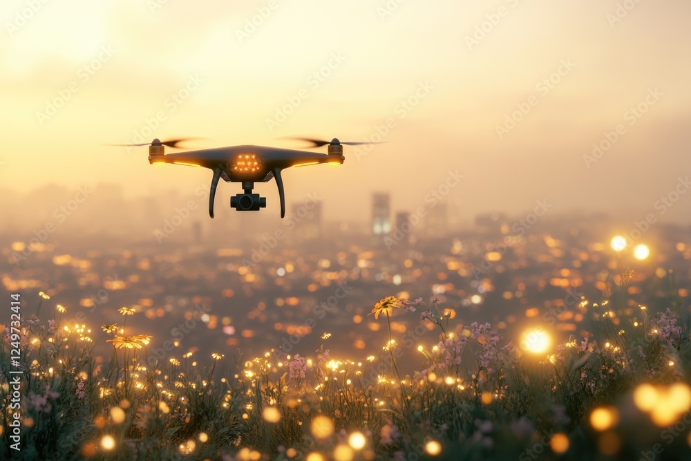 Drone flying over a city at sunset, with glowing flowers in the foreground. Drone flying over a city at sunset, with glowing flowers in the foreground.