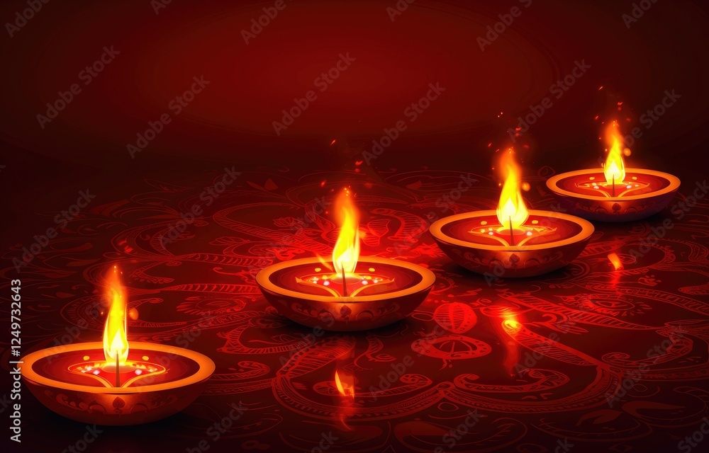 Colorful Happy Diwali festival backdrop with bokeh lights, oil lamp, flower on red background Diwali composition on light background with Diwali decorations Colorful Happy Diwali festival backdrop with bokeh lights, oil lamp, flower on red background Diwali composition on light background with Diwali decorations