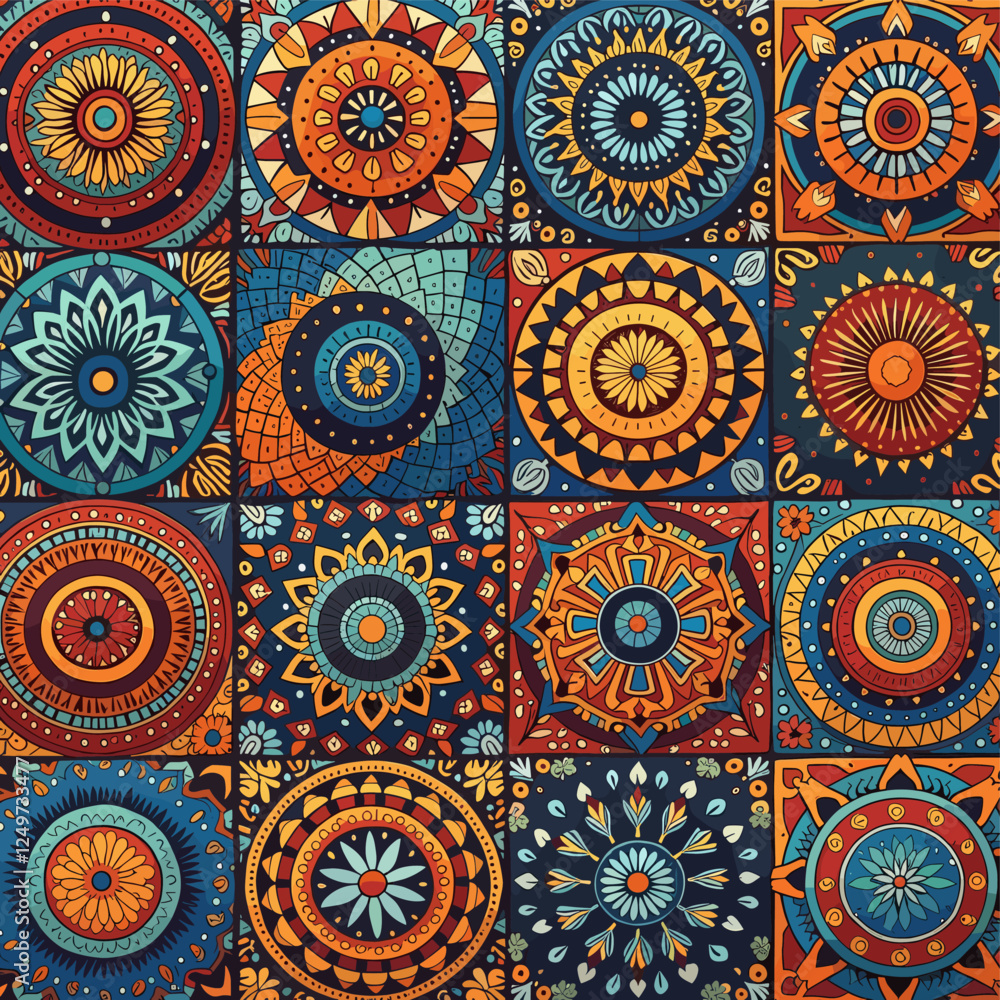 Fototapeta premium A vibrant and intricate pattern of 16 squares, each featuring a unique design of flowers, leaves, and geometric shapes in a variety of bright colors including orange, blue, yellow, and red. Vector