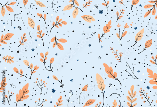 Various orange and brown leaves scattered across a light blue background, with small blue dots and white dots scattered throughout. Vector patterns, random pattern