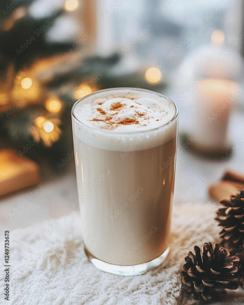 Warm spiced latte with cinnamon in cozy winter setting Warm spiced latte with cinnamon in cozy winter setting