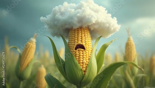 Corn Wearing Cloud Hat in Field with a Sad Expression