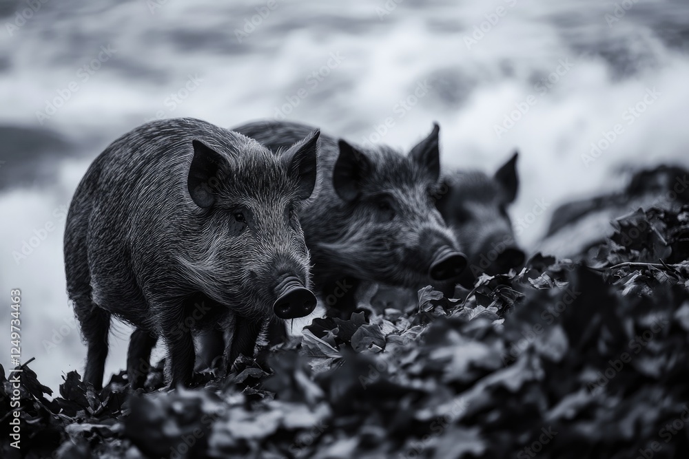 Three wild boars foraging in fallen leaves near a blurred water background. Three wild boars foraging in fallen leaves near a blurred water background.