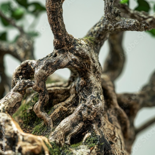 Close-up bonsai tree roots, intricate gnarled texture, indoor setting, peaceful zen garden photo