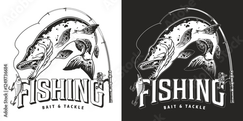 Fishing logo featuring jumping fish and tackle