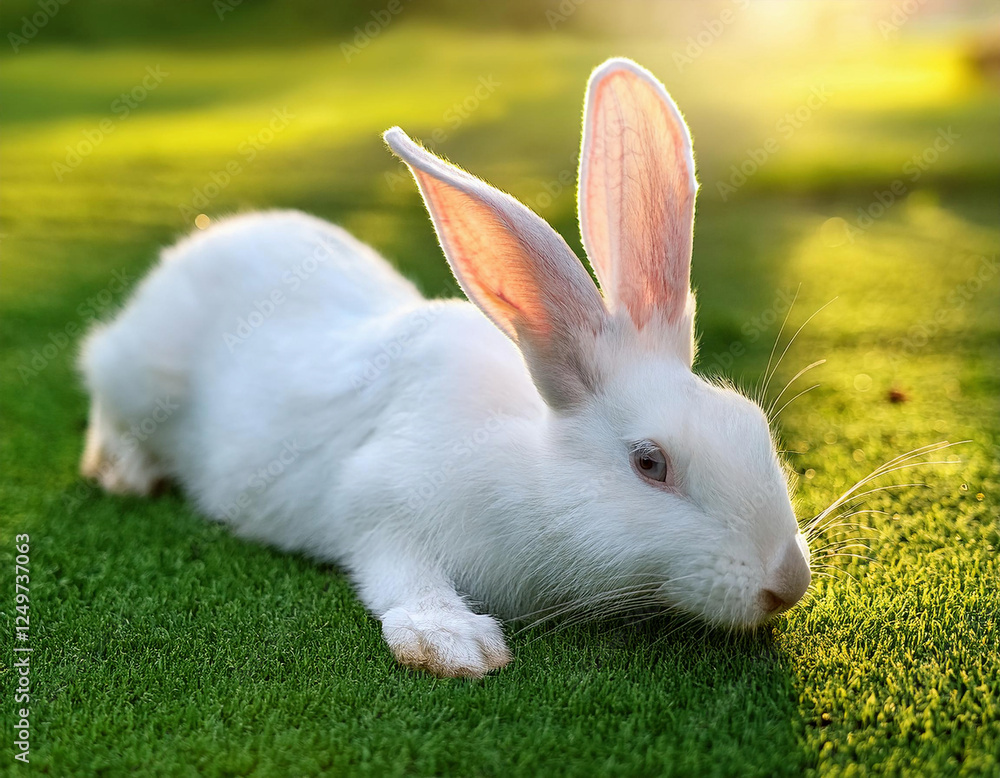 A white rabbit with pink ears is resting on lush green grass under the warm sunlight. A white rabbit with pink ears is resting on lush green grass under the warm sunlight.