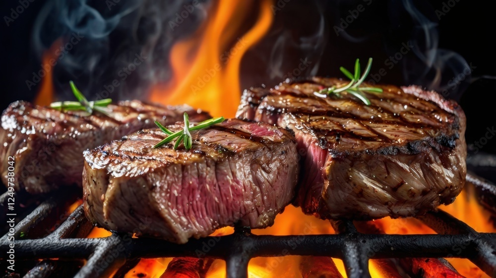 Grilling steaks on a barbecue with visible flames and smoke in an outdoor setting